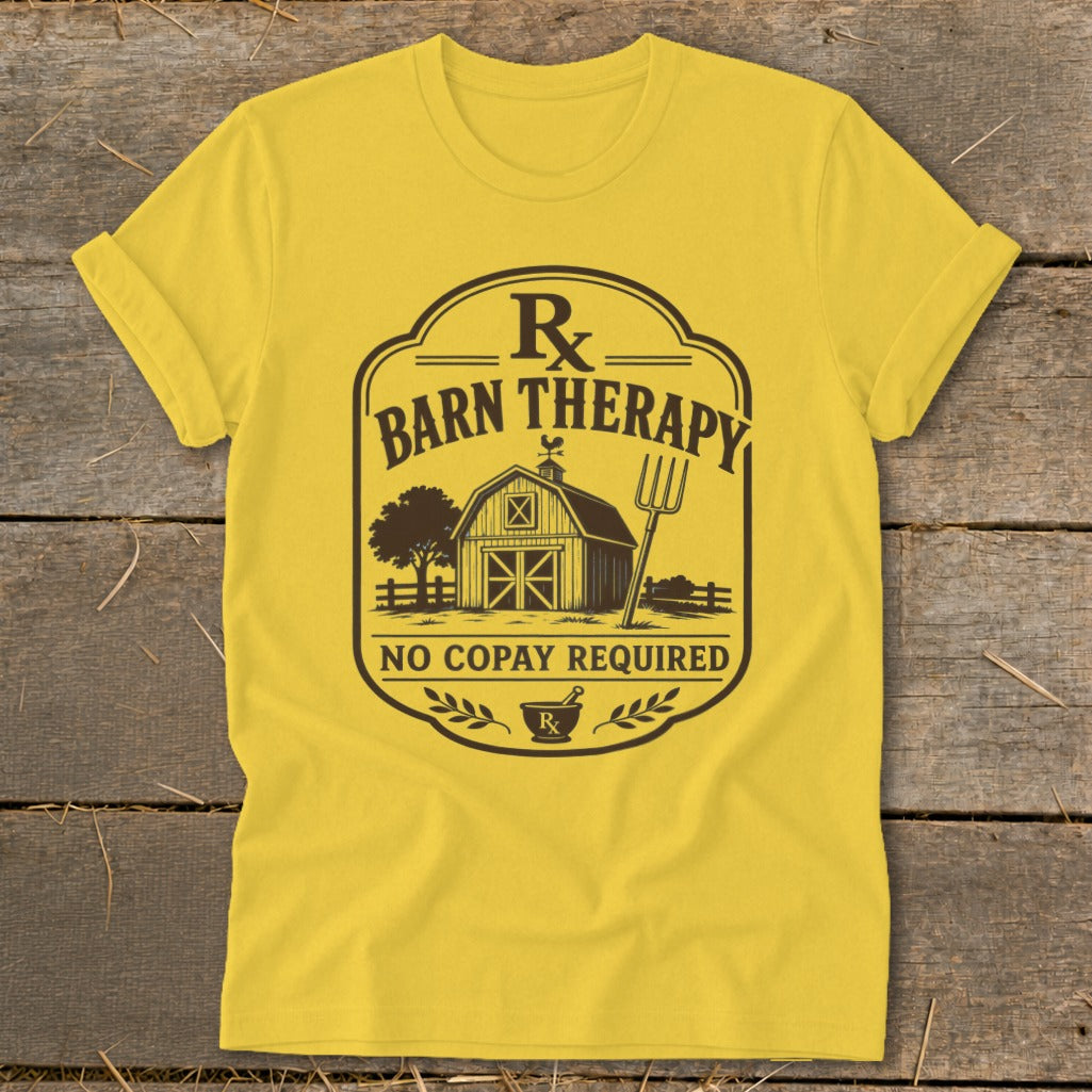 Yellow t-shirt with "Barn Therapy" and "No Copay Required" text.