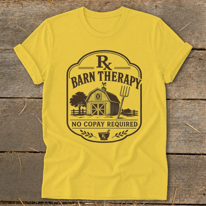 Yellow t-shirt with "Barn Therapy" and "No Copay Required" text.