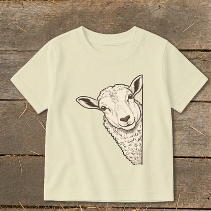 T-shirt with drawing of a sheep peeking around the side.
