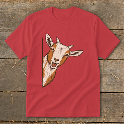 Red t-shirt with a peeking goat graphic on the left side.