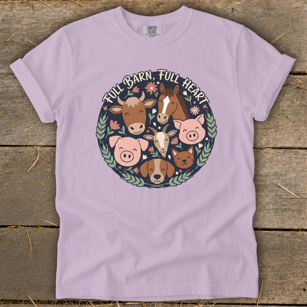 Lilac t-shirt with farm animals and text "Full Barn, Full Heart" design.