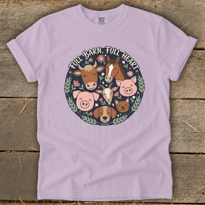 Lilac t-shirt with farm animals and text "Full Barn, Full Heart" design.