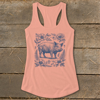 Peach tank top with a vintage-style pig and floral graphic design.