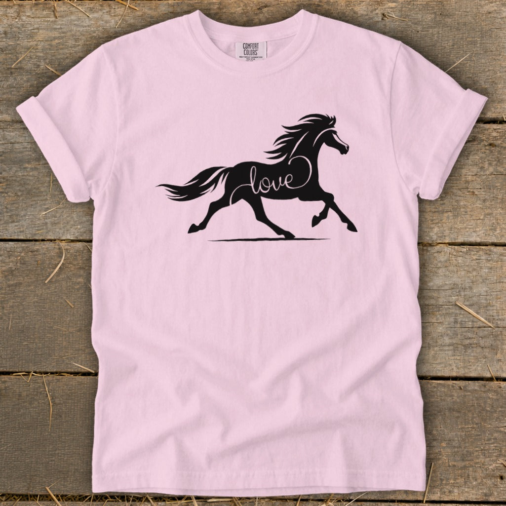 Pink t-shirt with a black silhouette of a horse with the word "love" on its side.