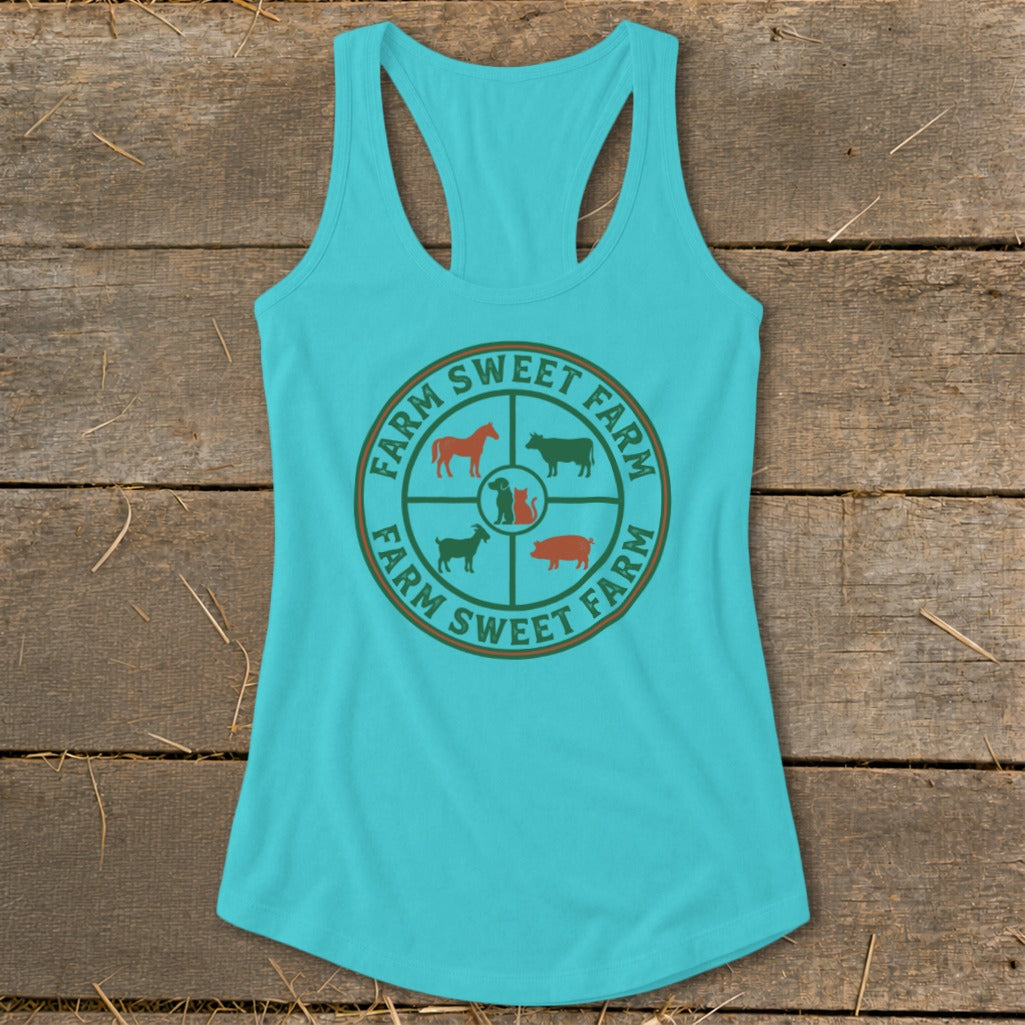 Turquoise tank top with "Farm Sweet Farm" circular logo and farm animal silhouettes.