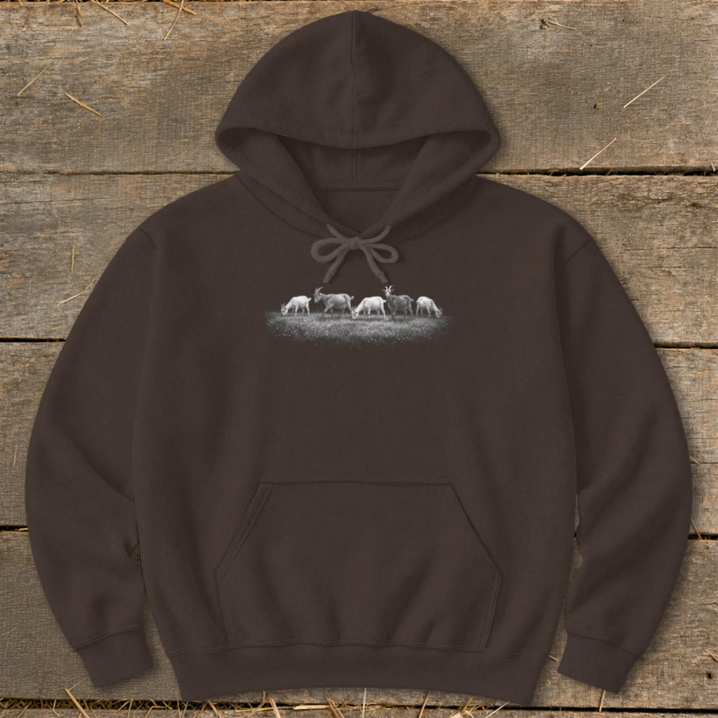 Brown hoodie with a graphic of goats grazing in a field.