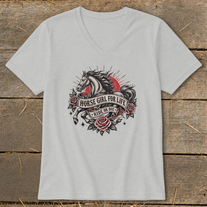 Grey v-neck t-shirt with tattoo-style horse, roses, and text "Horse Girl For Life Ride Or Die".