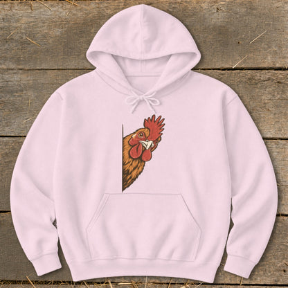 Pink hoodie with a cartoon rooster peeking from the side.