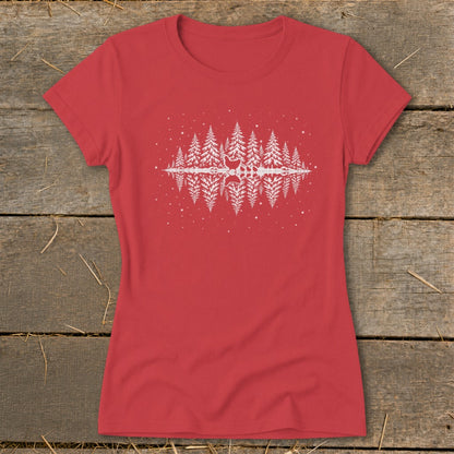 Red t-shirt with a white forest reflection graphic and scattered dots.