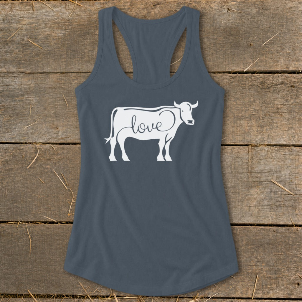 Grey tank top with white cow graphic and "love" text integrated.