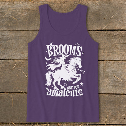 Purple tank top with white graphic of witch on horse, reading "Brooms are for amateurs."
