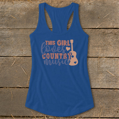 Blue tank top with "This Girl Loves Country Music" graphic and guitar silhouette.
