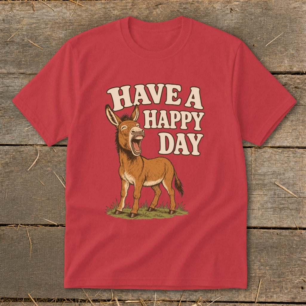Red t-shirt with cartoon donkey and text "HAVE A HAPPY DAY".