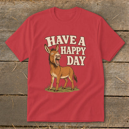 Red t-shirt with cartoon donkey and text "HAVE A HAPPY DAY".