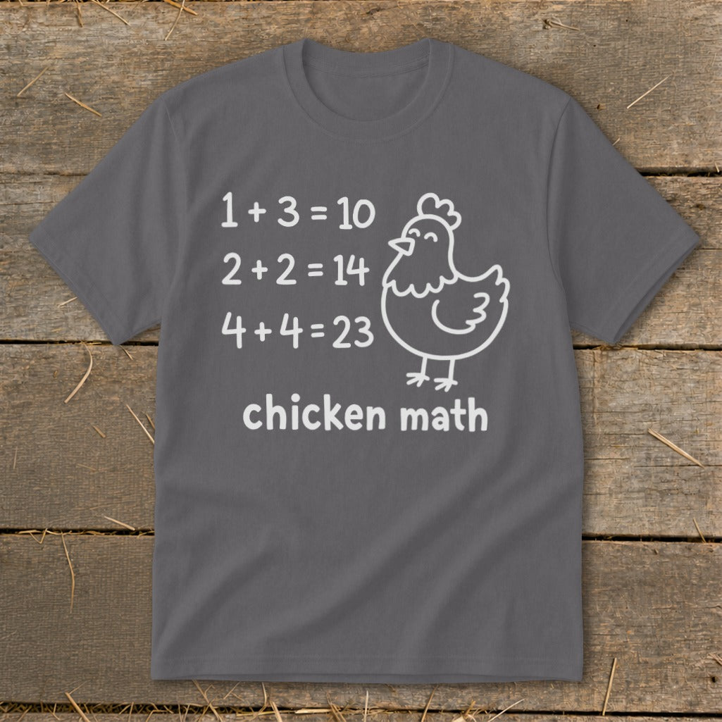 Gray t-shirt with "chicken math" and funny math equations with a chicken graphic.