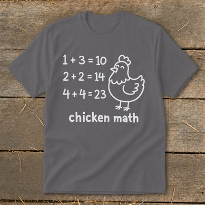 Gray t-shirt with "chicken math" and funny math equations with a chicken graphic.