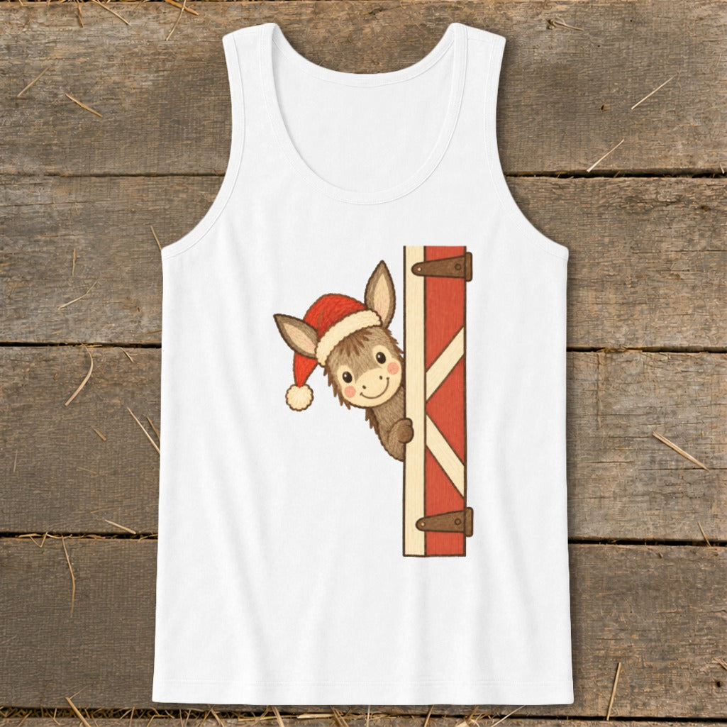 White tank top with a cartoon donkey wearing a Santa hat peeking from a barn door.