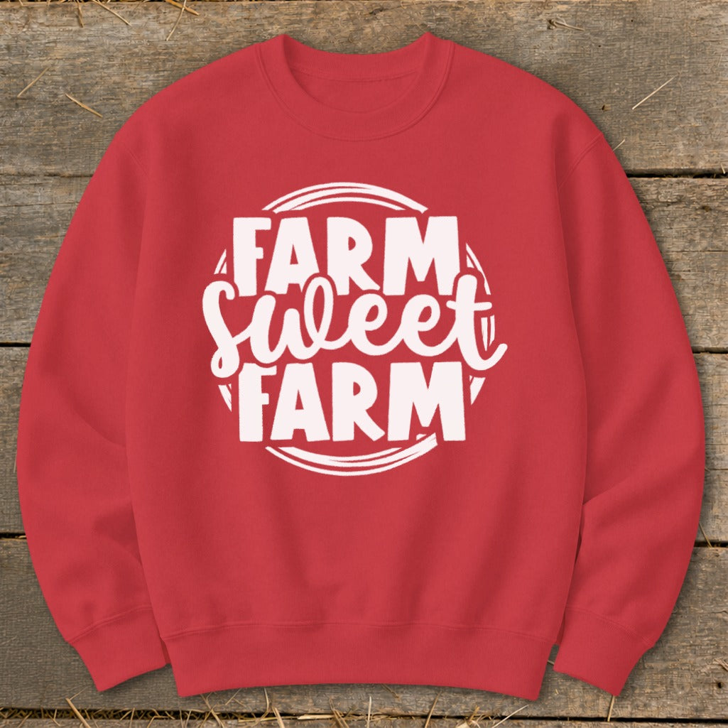 Red sweatshirt with white "Farm Sweet Farm" graphic in a circular design.