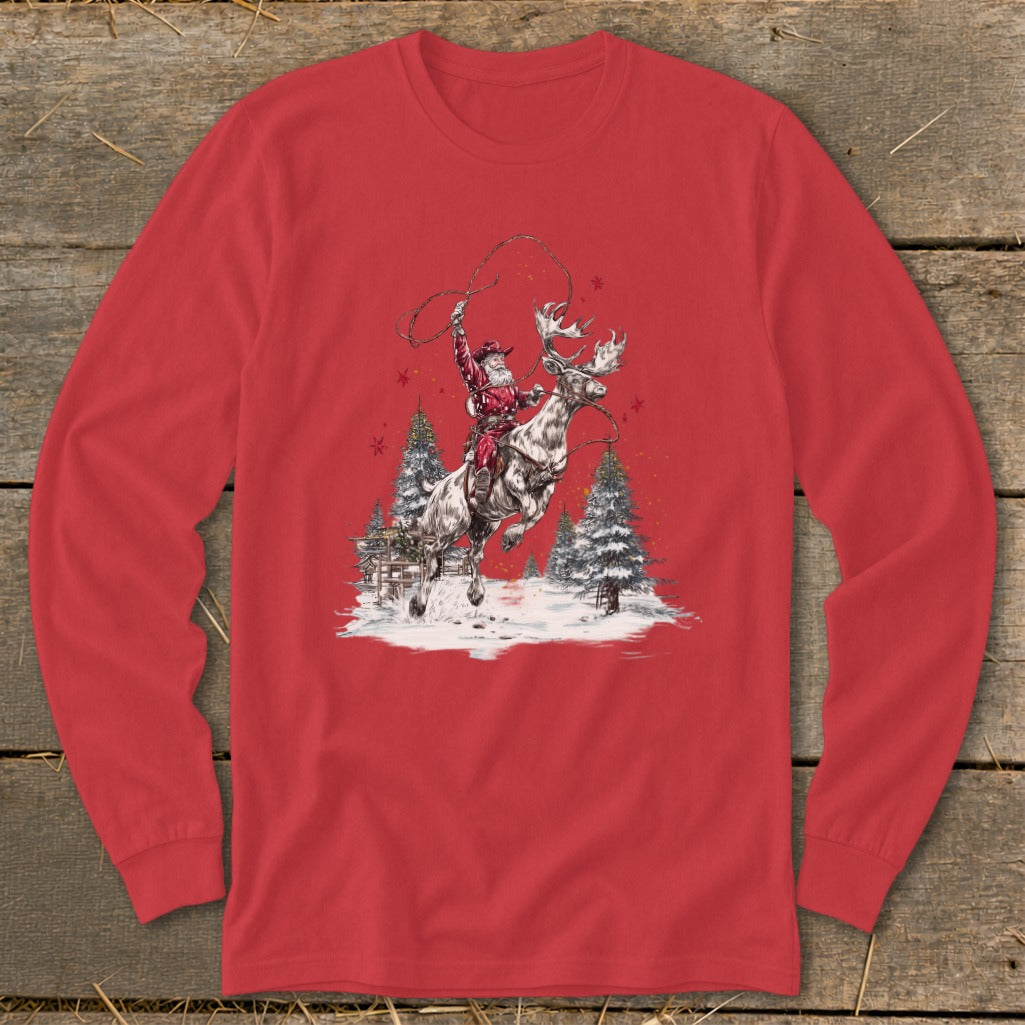 Santa Claus rides a reindeer, lassoing in a snowy forest.