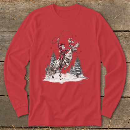 Santa Claus rides a reindeer, lassoing in a snowy forest.
