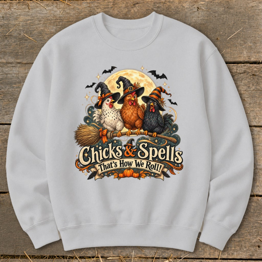 Three chickens in witch hats fly on a broom with text "Chicks & Spells".