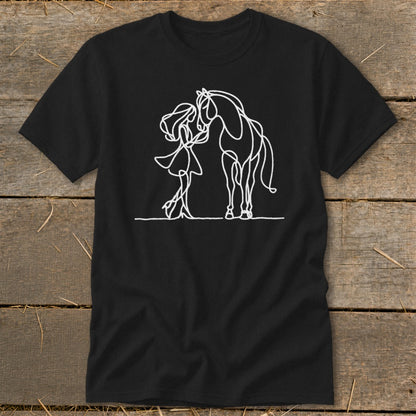 Black t-shirt with white line art of a girl and horse embracing.