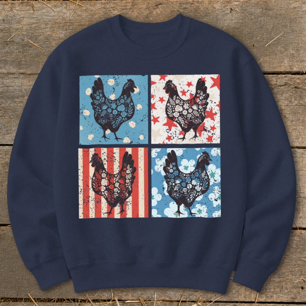 Four vintage-style roosters with patterned fills on a patchwork background.