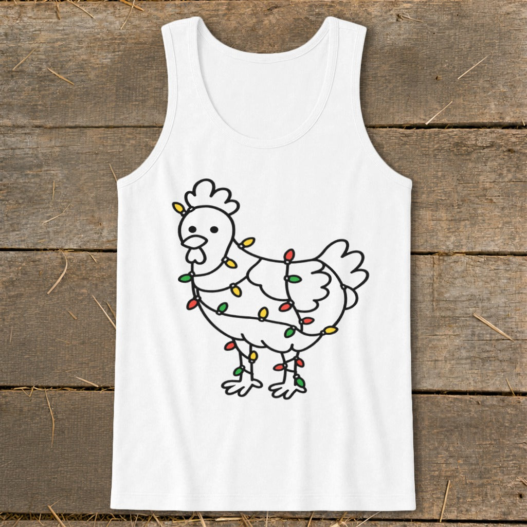 White tank top with a line drawing of a chicken wrapped in colorful Christmas lights.