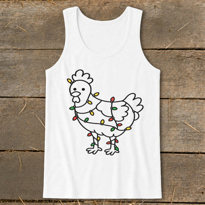 White tank top with a line drawing of a chicken wrapped in colorful Christmas lights.
