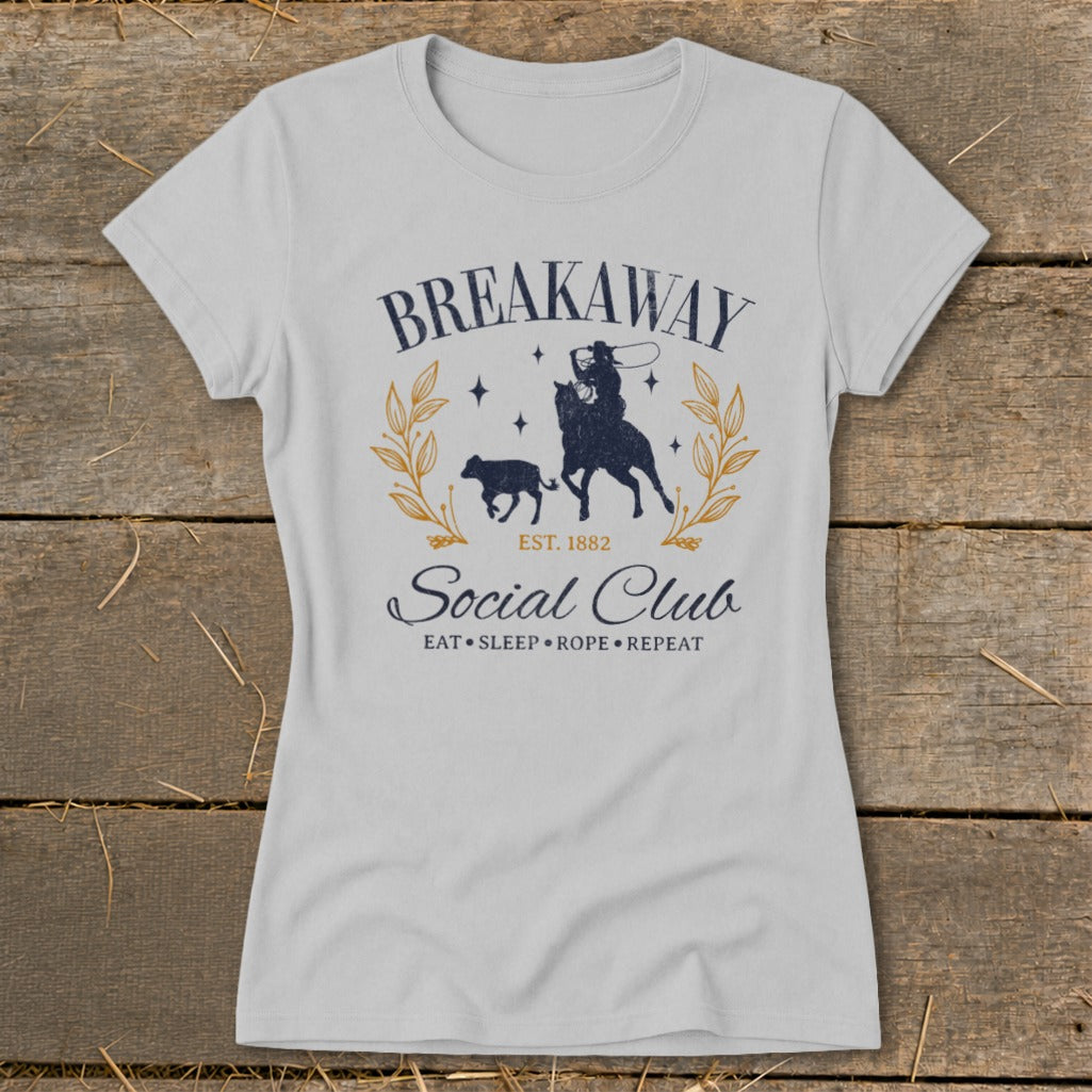 Gray t-shirt with "Breakaway Social Club Est. 1882 Eat Sleep Rope Repeat" graphic.
