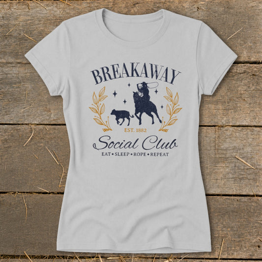 Gray t-shirt with "Breakaway Social Club Est. 1882 Eat Sleep Rope Repeat" graphic.