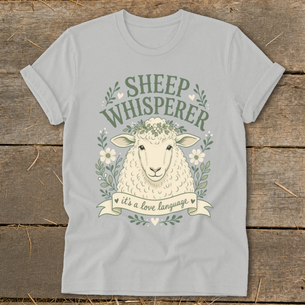 Sheep whisperer design with sheep, flowers, and text "it's a love language."