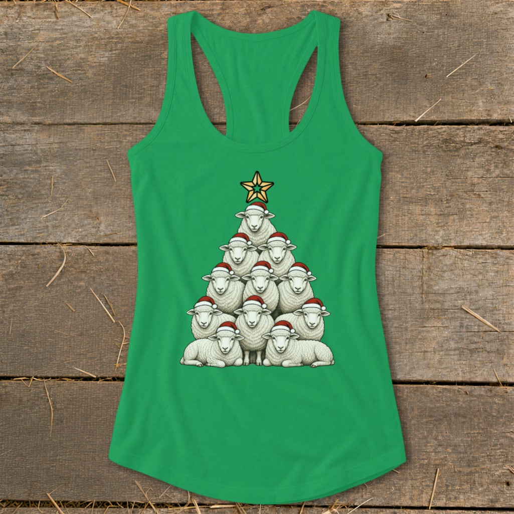 Green tank top with a Christmas tree made of sheep wearing Santa hats.