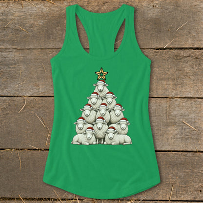 Green tank top with a Christmas tree made of sheep wearing Santa hats.