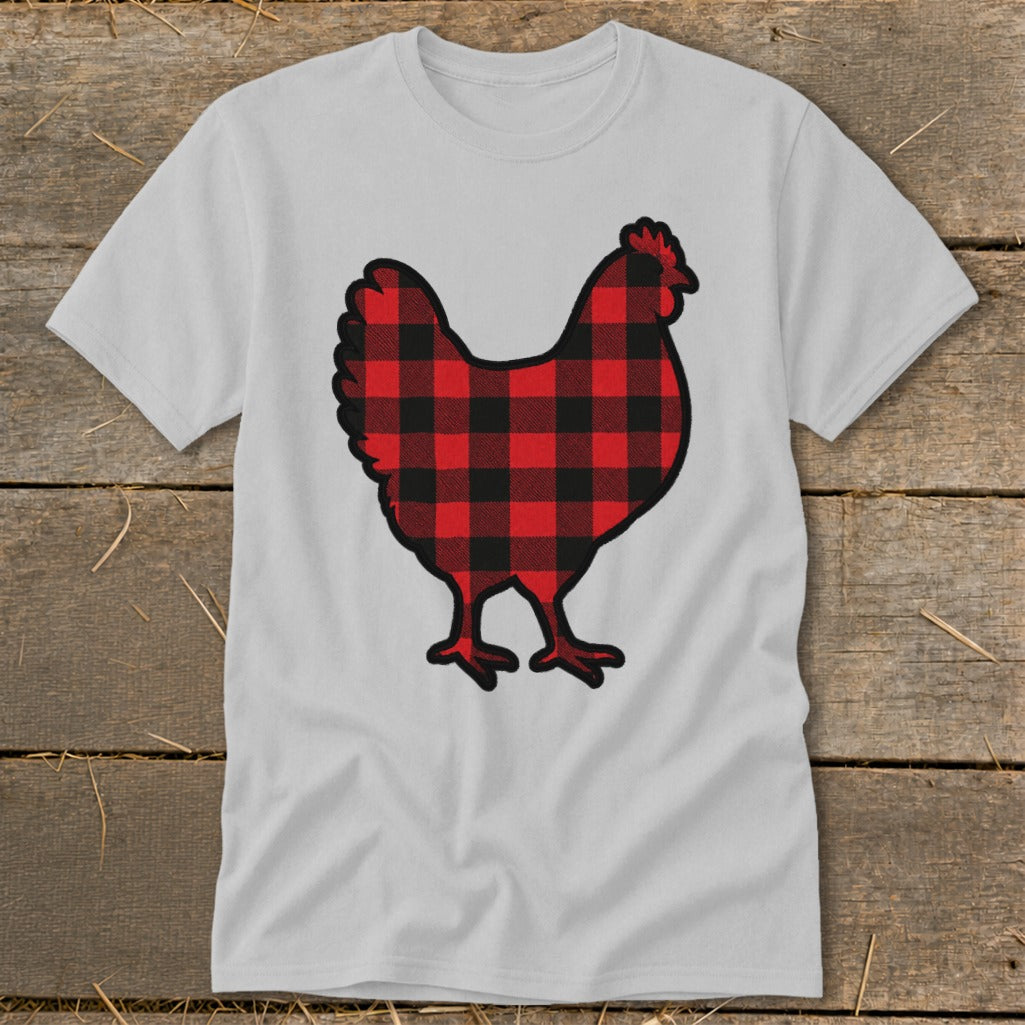 Light grey t-shirt with a black and red buffalo plaid chicken graphic.