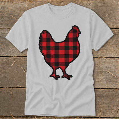 Light grey t-shirt with a black and red buffalo plaid chicken graphic.