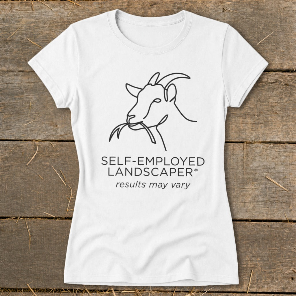 White t-shirt with a line drawing of a goat eating grass and text.
