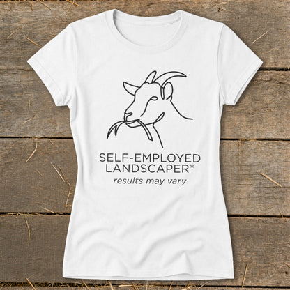 White t-shirt with a line drawing of a goat eating grass and text.