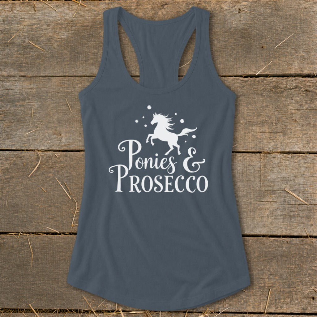 Gray tank top with white text "Ponies & Prosecco" and a unicorn silhouette.