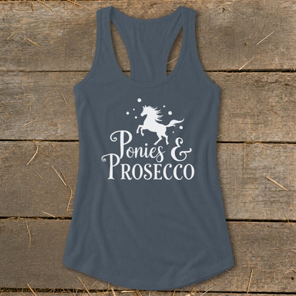 Gray tank top with white text "Ponies & Prosecco" and a unicorn silhouette.