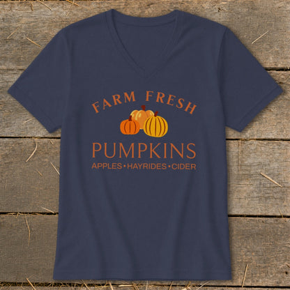 Navy v-neck t-shirt with "Farm Fresh Pumpkins" and pumpkin graphics.
