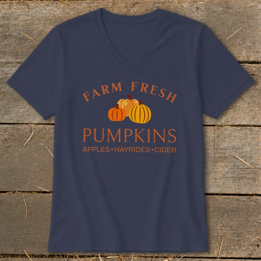 Navy v-neck t-shirt with "Farm Fresh Pumpkins" and pumpkin graphics.