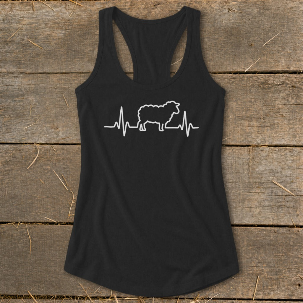 Black racerback tank top with a white graphic of a sheep silhouette and a heartbeat line.