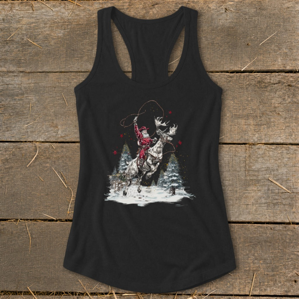 Santa riding a moose with a lasso in a snowy landscape with trees.