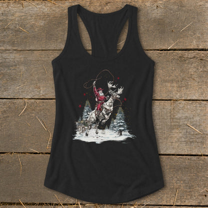 Santa riding a moose with a lasso in a snowy landscape with trees.