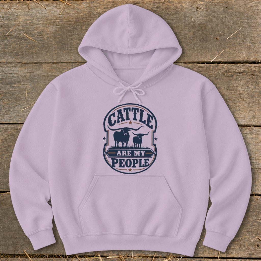 Light purple hoodie with "Cattle are my people" graphic featuring longhorn cattle.