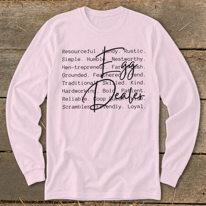Long sleeve shirt with "Egg Dealer" in script and descriptive words.