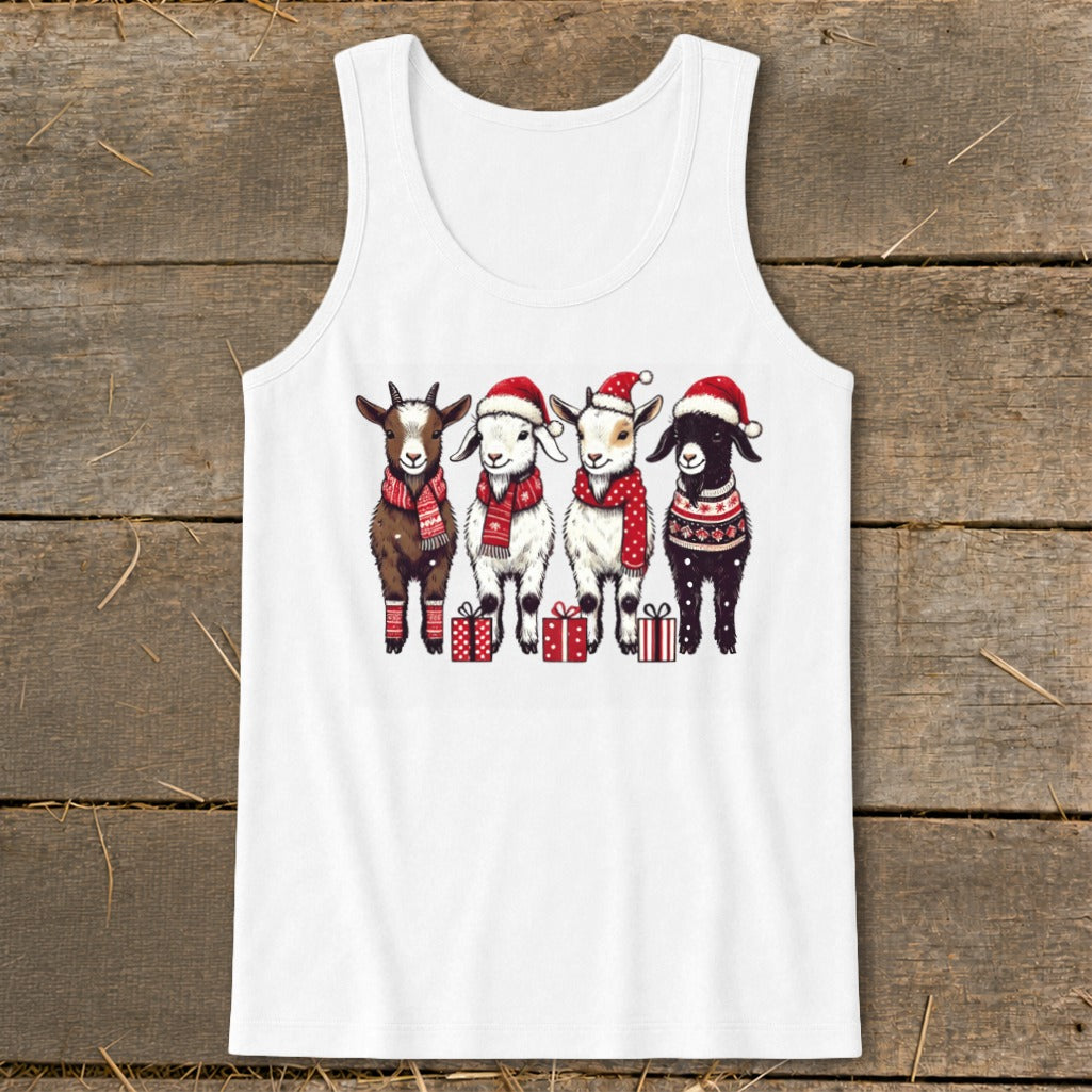 Four festive goats wear Santa hats and scarves with gifts below.