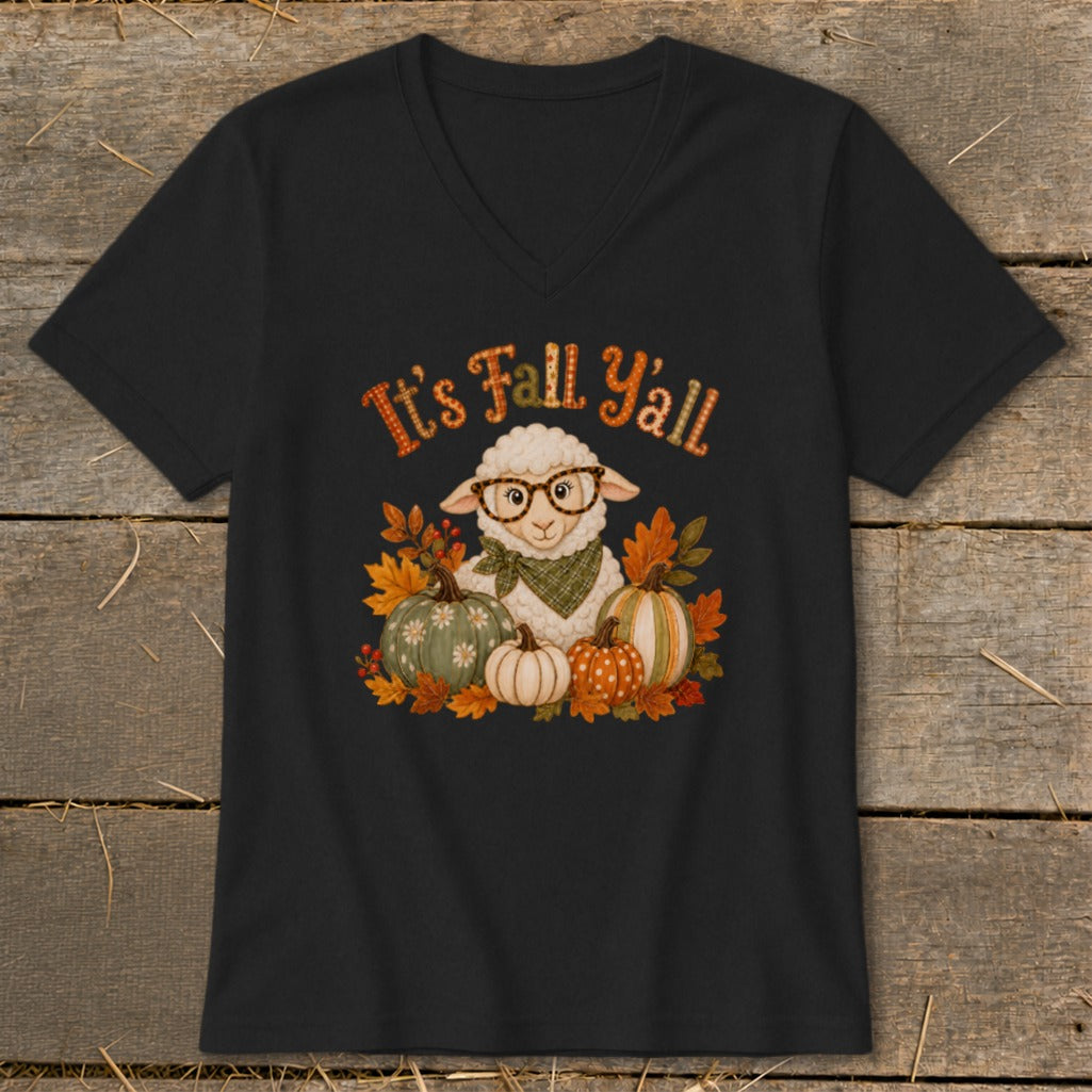 Sheep with glasses surrounded by pumpkins and fall leaves, text "It's Fall Y'all".