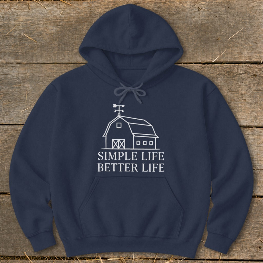 Navy hoodie with white barn graphic and "Simple Life Better Life" text.
